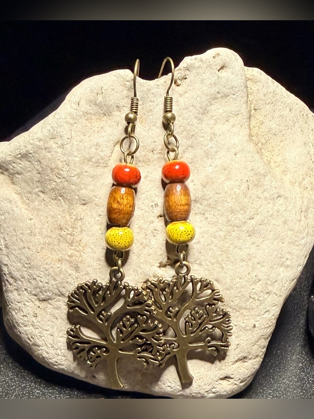 ✨Handcrafted✨ Bronze Tree of Life Drop Earrings with Orange, Yellow & Wood Beads